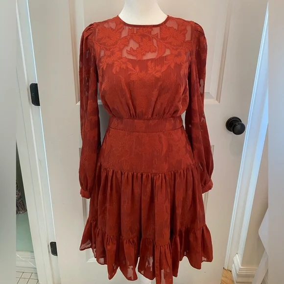 NWOT ELIZA J Metallic Stripe Floral Jacquard Long Sleeve Chiffon Dress - Picture 7 of 16